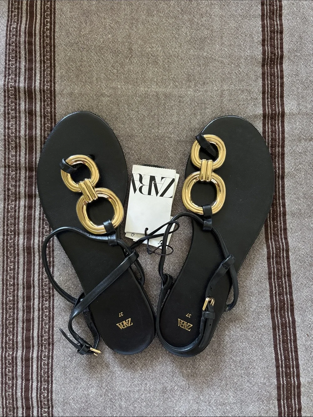 Zara Black Sandals with Gold Ring Embellishments - Picture 1 of 2